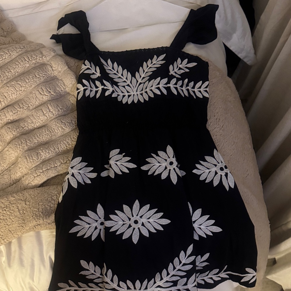 Anthropologie Black Mini Dress with White Floral Embroidery